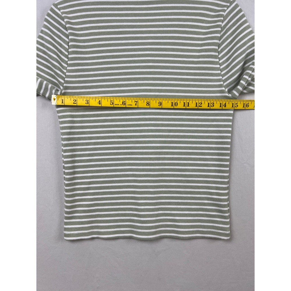 LOFT Cardigan Womens Medium Green White Striped Ribbed Knit Button Front Top - Picture 6 of 8